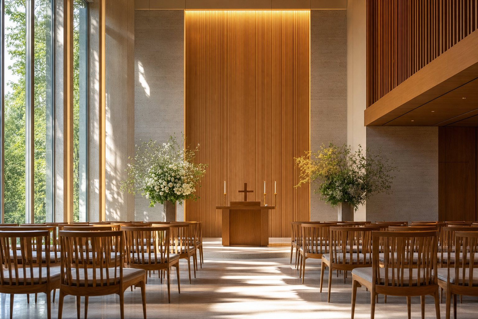 Interior sereno de una capilla con luz natural cálida, flores blancas y sillas de madera dispuestas para una ceremonia