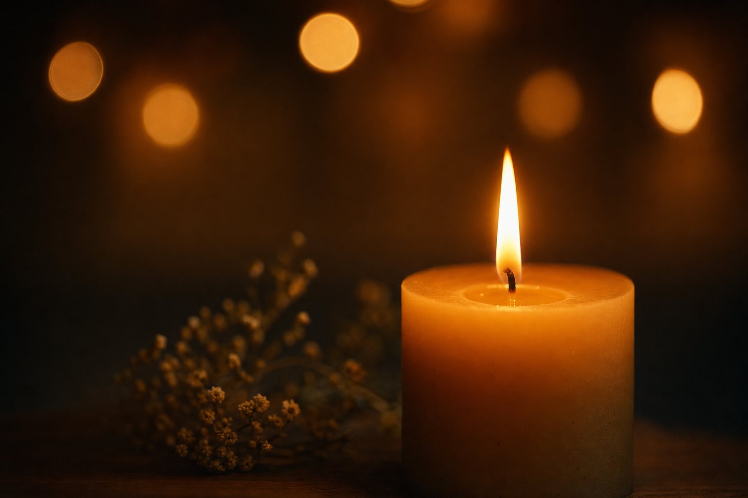Una vela encendida que ilumina la penumbra con luz cálida, símbolo de la memoria que permanece