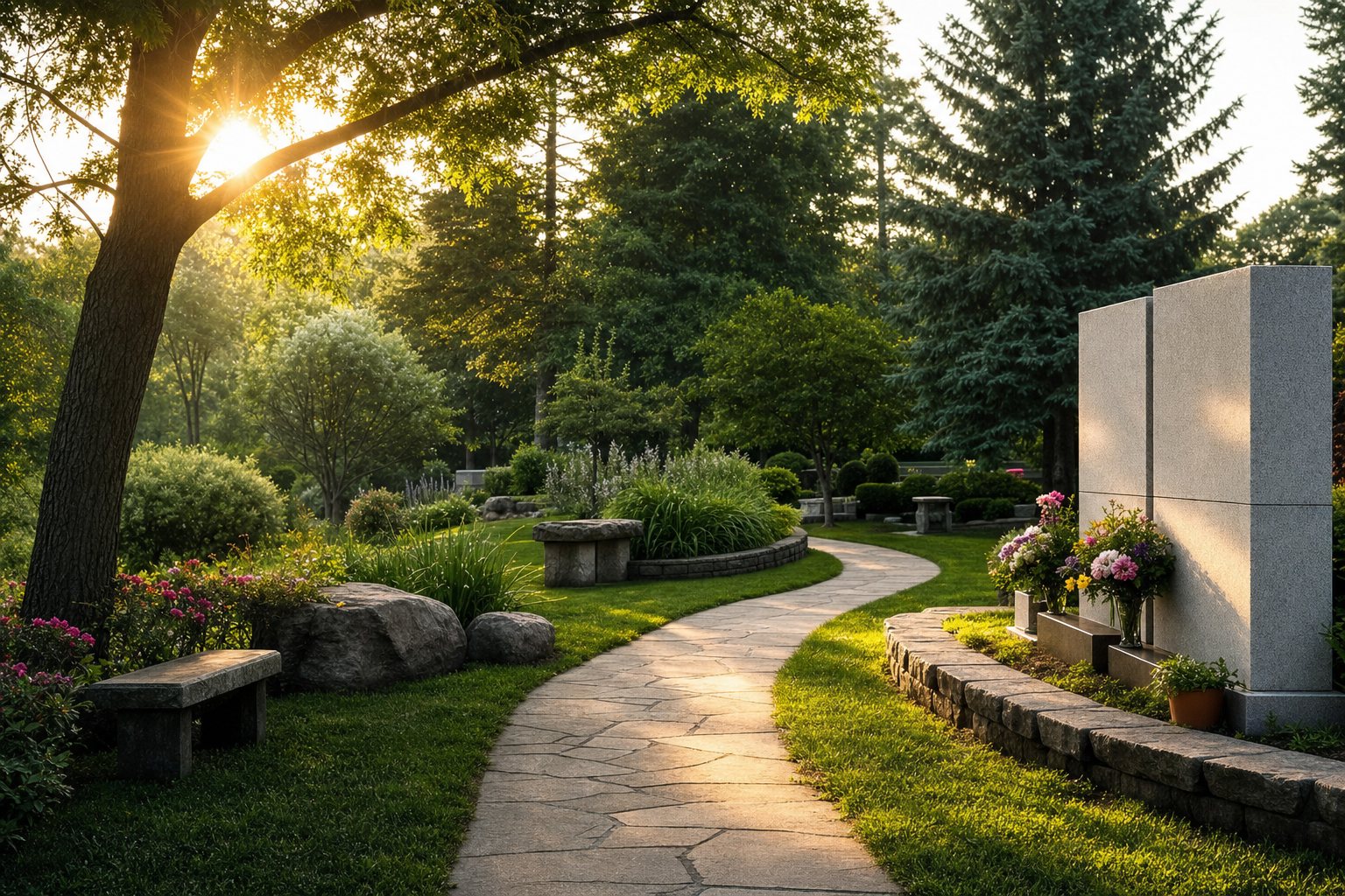 Un jardín memorial al atardecer, con un sendero de piedra que serpentea entre árboles y flores bajo una luz dorada